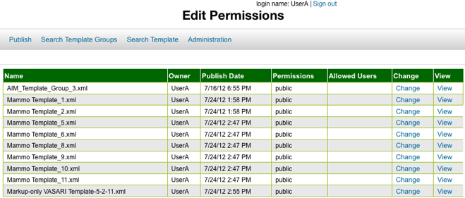 Edit Permissions page lists template groups and their metadata and offers options to change or view permissions.