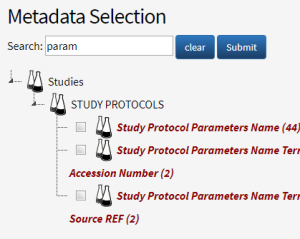 Metadata Selection panel with param in search field.