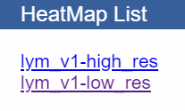 HeatMap List window, showing links for lym_v1-high_res and lym_v1-low_res