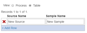 The Visualization panel's table view with an X for row deletion.