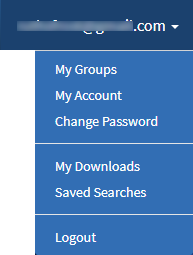 Profile menu with My Groups, My Account, Change Password, My Downloads, Saved Searches, and Logout options.
