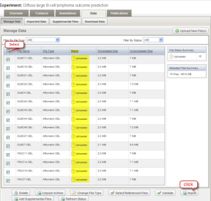 screenshot of *Data Tab of Experiment Window with Status Displaying Uploaded and Files Selected for Import