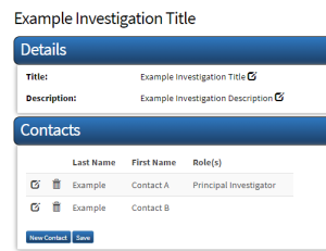 The metadata page for the selected investigation version.