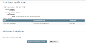 Trial Data Verification page in CTRP